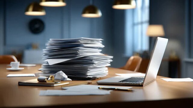 Desk of Modern Workplace: A stack of documents and a laptop, embodying the intensity of a modern workplace, a symbol of communication, and the heart of business operations.