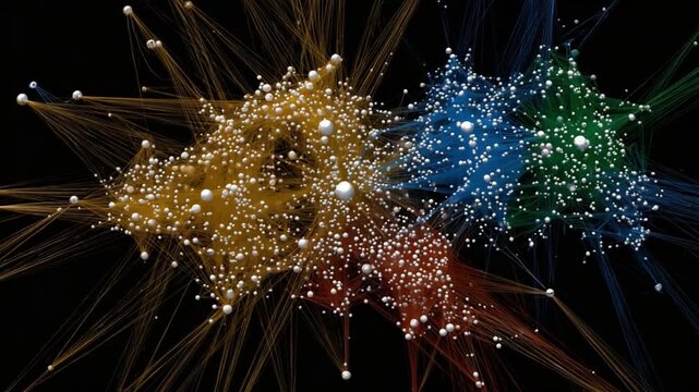 Complex Networks: The image presents an intricate web of interconnected nodes and lines, illustrating a multifaceted system of relationships and data flow.