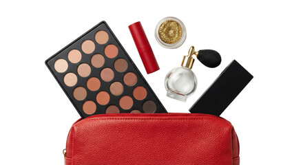 Red makeup bag spilling out beauty products, eyeshadow palette, lipstick, perfume, glitter