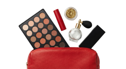 Red makeup bag spilling out beauty products, eyeshadow palette, lipstick, perfume, glitter