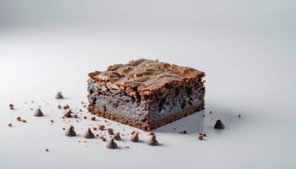 Decadent chocolate brownie on a clean white surface.