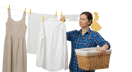 Woman hanging laundry on a clothesline, domestic chore, everyday life
