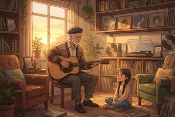Elderly man playing guitar for granddaughter in a cozy sunlit living room with vinyl player anime art.