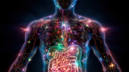 Human body showing neurons and organs as glowing connections. Complex biological systems and nervous system activity concept for science.