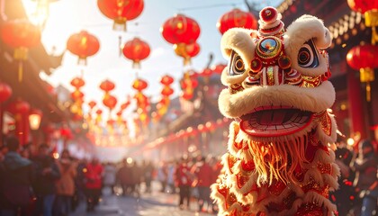 Traditional lion dance performance during a Chinese New Year outdoor street celebration, featuring red lanterns hanging above a joyful crowd, dynamic movement with cinematic motion blur, captured in r