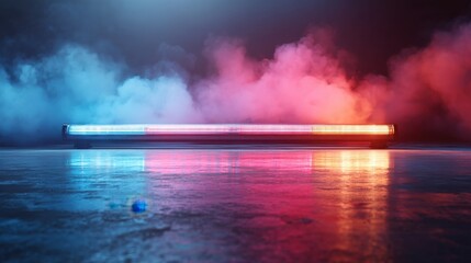 Emergency vehicle light bar flashing red and blue through smoke. Urgent alert and dangerous situation concept. Security warning.