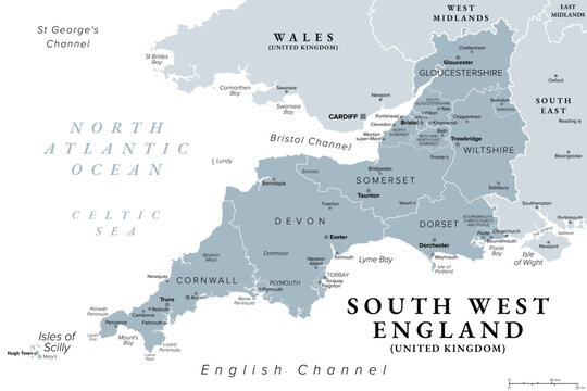 South West England, gray political map. Official region in the UK, consisting of counties and unitary authorities of Cornwall, Dorset, Devon, Bristol, Gloucestershire, Somerset, and Wiltshire. Vector