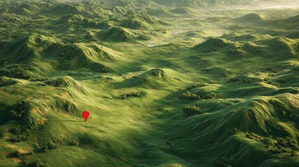 Red map pin on a green rolling landscape of hills and mounds. Location marker for global positioning or destination finding concept.