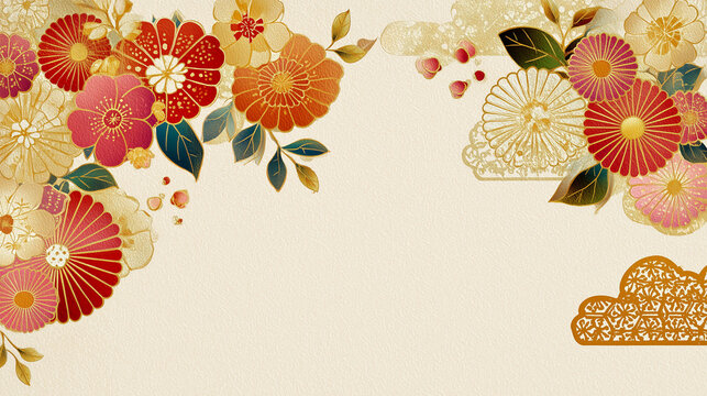 A background with golden patterns of japanese flowers and leaves, circles, auspicious clouds with copy space