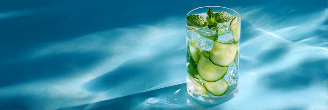 Vibrant cucumber detox water in a tall glass with fresh mint leaves and ice, beautifully backlit against a deep blue, rippling background. Perfect banner image for health,