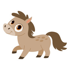 Fototapeta premium Cute Beige Cartoon Pony. Smiling Baby Horse Character in Motion. Playful Kids Vector Illustration for Children Book. Game Asset, Nursery and Educational Design. Isolated on White.