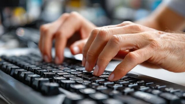 Mastering the Keys: Close-up of hands expertly navigating a keyboard, revealing the focus and skill required for data entry and digital communication.