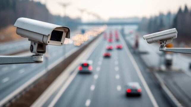 Security camera monitoring a busy highway with blurred cars. Surveillance system for public safety and traffic control. Urban infrastructure technology.