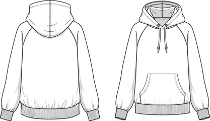 Vector technical sketch of oversized hoodie with raglan sleeves and kangaroo pocket, front and back views, fashion flat design template, isolated on white background.