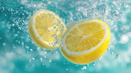 Two fresh lemon halves falling into clear blue water with splashing and bubbles. Refreshing citrus drink preparation and healthy lifestyle concept.