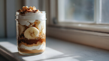 Banana granola and caramel layered breakfast dessert in a jar