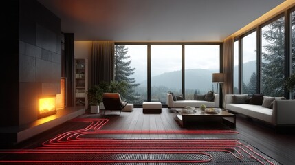 Naklejka premium Underfloor heating system shown in a modern living room with fireplace and large windows. Home comfort and energy efficiency concept.