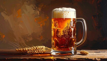 A clear glass beer mug filled with amber-colored beer, topped with a foamy white head and rising bubbles, placed on a plain white background to highlight the rich color and texture.