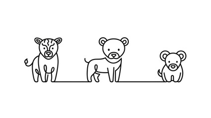 Fototapeta premium Cute cartoon line art animals, tiger cub, lion cub, bear cub, isolated on white