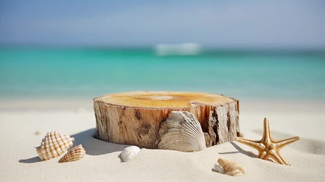 Natural wooden log slice with hollow center arranged on pristine sandy beach alongside scallop shells and starfish under bright sunlight by clear