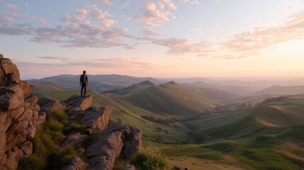 Man hiker standing on rock cliff edge looking at epic mountain panorama. Outdoor adventure and discovery, travel journey.