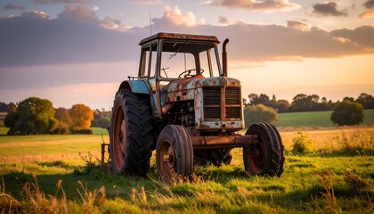 Fototapeta premium Old, rusty tractor sits in a field at sunset, rural landscape backdrop with colorful sky