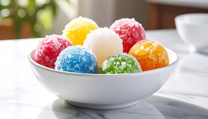 A white bowl filled with colorful translucent spheres resembling jelly candies in pink, yellow, orange, green, blue, and purple, some frosted, placed on a white surface with soft natural light.