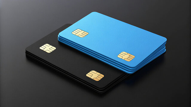 Stack of blank blue and black credit cards with gold EMV chips on dark background. Premium minimalist plastic debit cards mockup for banking and financial services