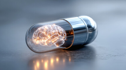 Conceptual image of a transparent capsule containing a glowing human brain symbolizing cognitive enhancement and smart drug advancements in neuroscience