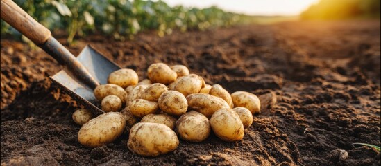 Organic potatoes scattered on rich soil near a shovel, showcasing the harvest process in a vibrant agricultural setting with natural lighting