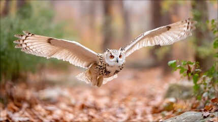Obraz premium Majestic flying owl with widespread wings and vivid orange eyes hunting in autumn forest, beautiful bird of prey in flight
