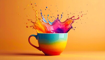 A vibrant rainbow-colored ceramic mug sits on a flat surface as a dynamic splash of multicolored liquid bursts outward, set against a warm gradient background of pink, purple, orange, and yellow.