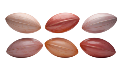 Six oval shaped pink and red beads isolated on transparent background