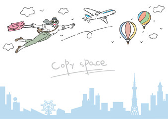 アクティブシニア 女性 旅行 イラスト コピースペース 横長 A判比率