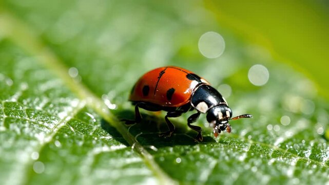 A detailed ladybug crawling on a vibrant green leaf