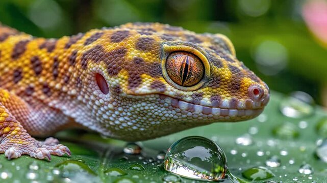 A detailed gecko on a leaf with dew drops