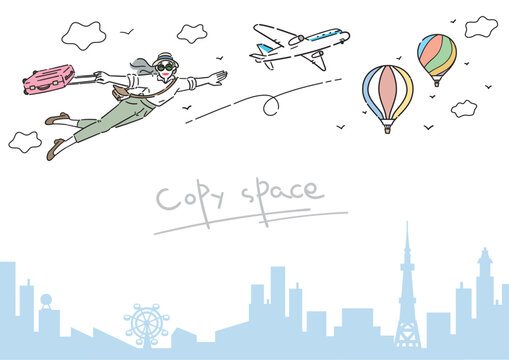 アクティブシニア 女性 旅行 イラスト コピースペース 横長 A判比率