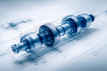 Detailed digital blueprint and wireframe rendering of a complex mechanical shaft component showcasing intricate engineering design and precision modeling techniques