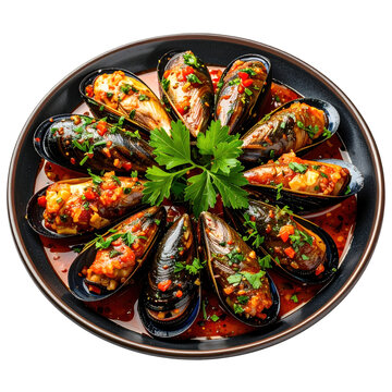 Flavorful midye dolma presented on a dark plate, showcasing the herbed rice filling isolated on a clean white background