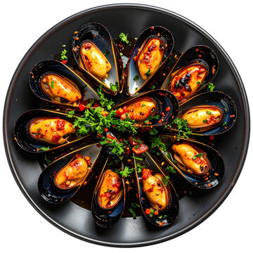 Savory turkish midye tava, crispy fried mussels garnished with lemon and parsley, expertly styled and isolated on a pristine white background