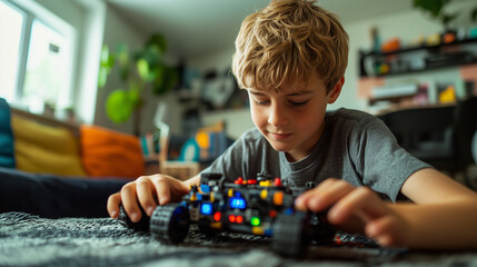 Young boy playing with robotic toy vehicle at home. STEM learning, creativity, technology education and modern childhood concept.