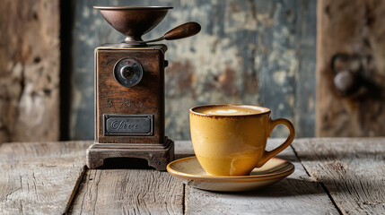 Vintage manual coffee grinder with ceramic cup on rustic wooden table. Coffee culture, slow living and cozy morning concept.