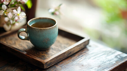 Ceramic tea cup on wooden tray by window with soft daylight. Calm morning, mindfulness and cozy home lifestyle concept.