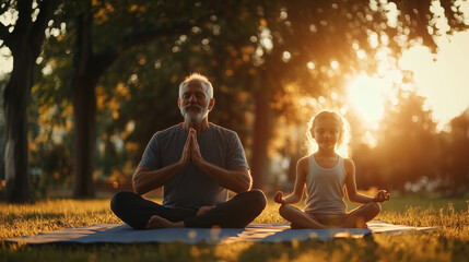 Senior man and young girl meditating together in park at sunset. Mindfulness, family bonding and healthy lifestyle concept.