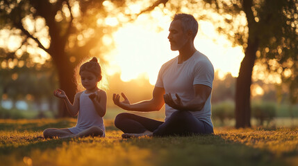 Father and young daughter practicing yoga together in nature at sunset. Family wellness, mindfulness and healthy bonding concept.