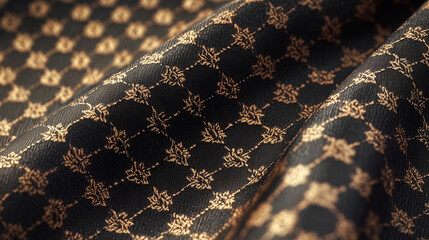 Luxury black fabric with gold ornamental pattern. Elegant textile texture, fashion background and premium design concept.