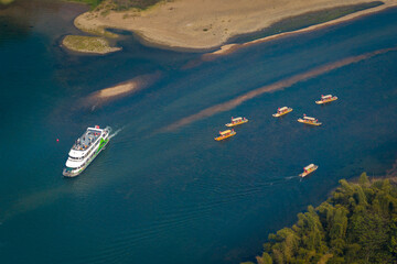 Fototapeta premium Aerial View of Tourboats on Li River in Yangshuo