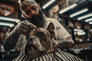 Calm French Bulldog receives skilled haircut from focused male groomer in barber shop. Striped cape adds humor to intimate grooming session.
