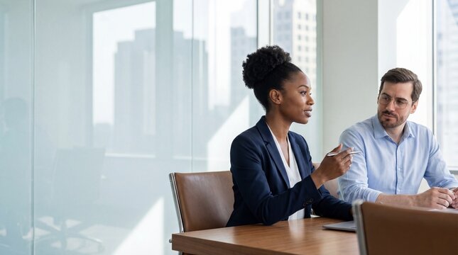 Diverse professional colleagues, a Black woman and White man, in a strategic business meeting in a modern corporate boardroom.