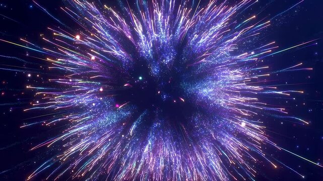 Colorful explosion of light particles creating a vibrant cosmic effect. Perfect for celebrations, events, and digital backgrounds